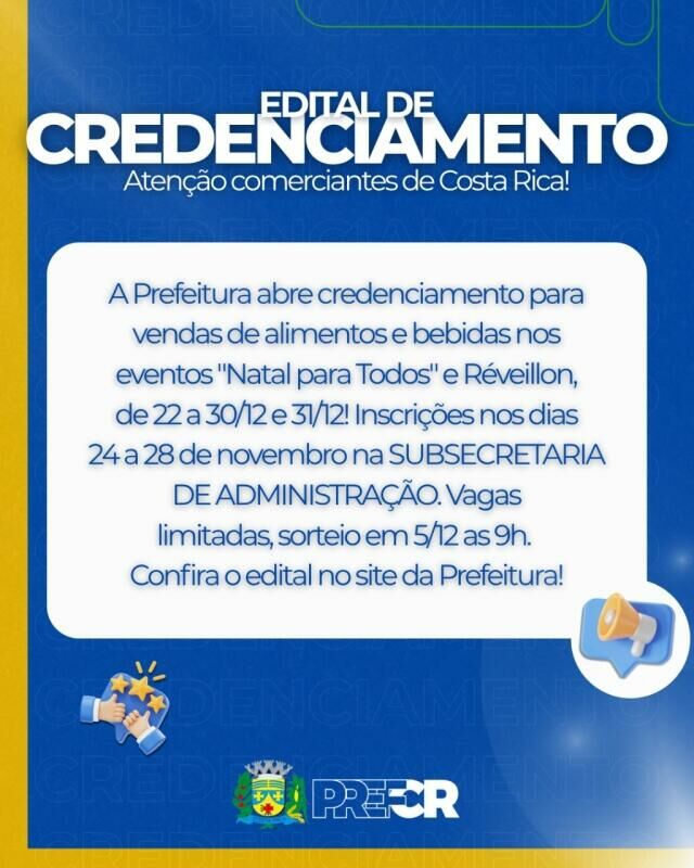 Imagem de compartilhamento para o artigo Prefeitura de Costa Rica abre inscrições para 10 boxes na praça de alimentação dos eventos de Natal e Réveillon da MS Todo dia